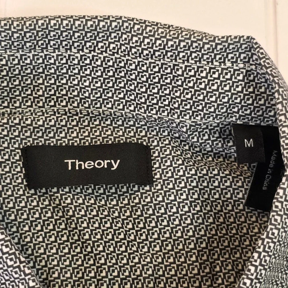 Theory Men's Medium Zack S Shirt Black White Geometric Corner Print Short Sleeve